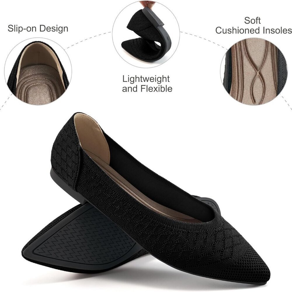 Womens Ballet Flats Knit Slip-On Comfortable Pointed Toe Dress Shoes - Picture 4 of 7